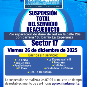 Suspensión del servicio de acueducto en el sector 17 por daño de red