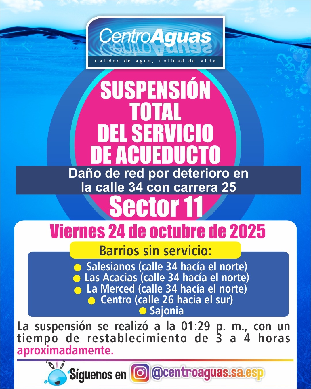 Suspensión total del servicio de acueducto del sector 11