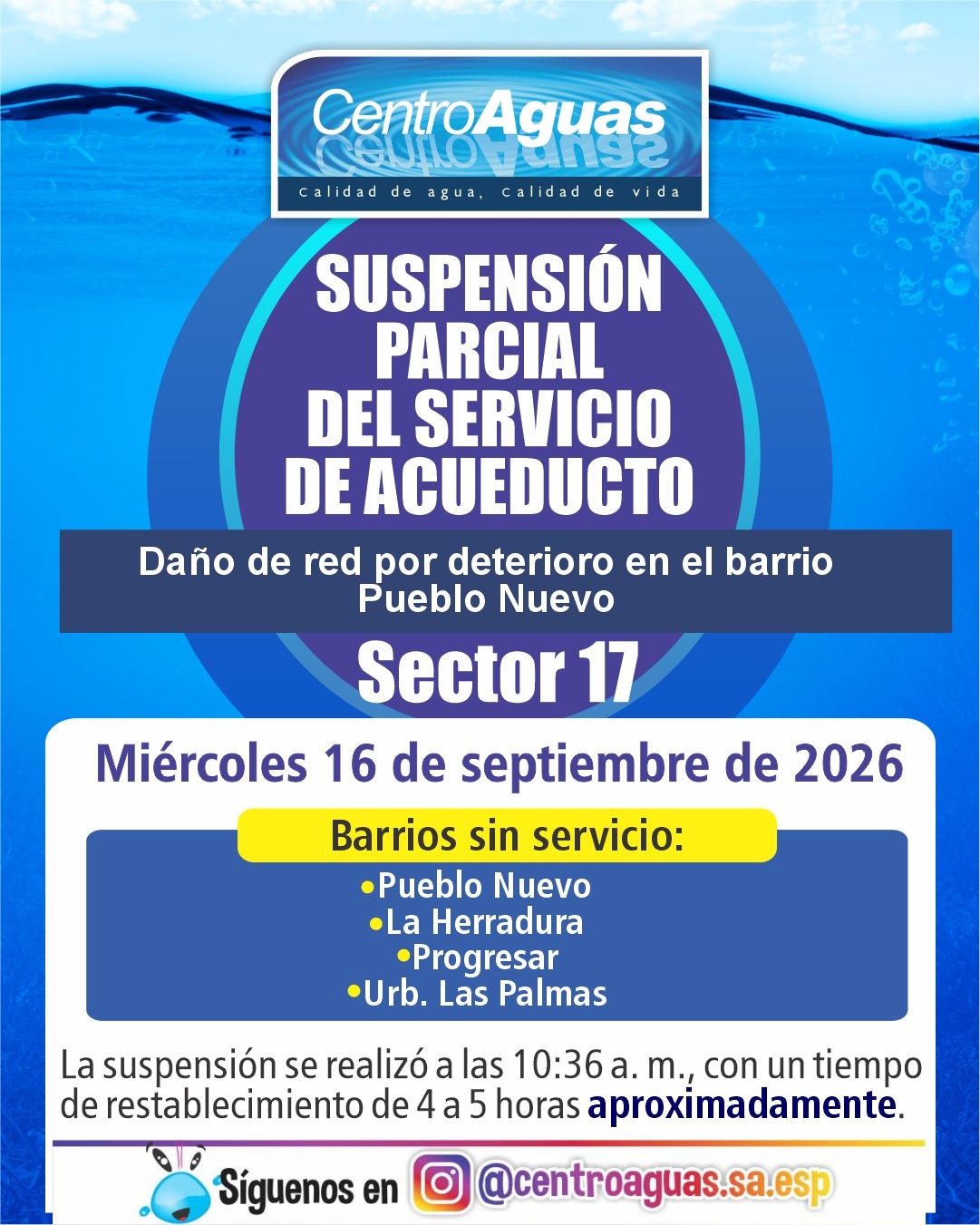 Suspensión parcial del servicio de acueducto del sector 17