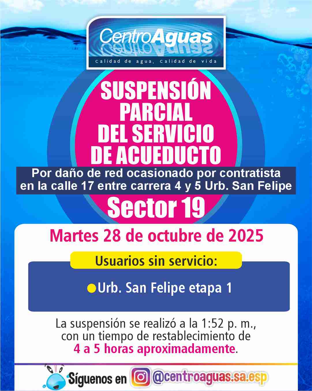 Suspensión parcial del servicio de acueducto del sector 19