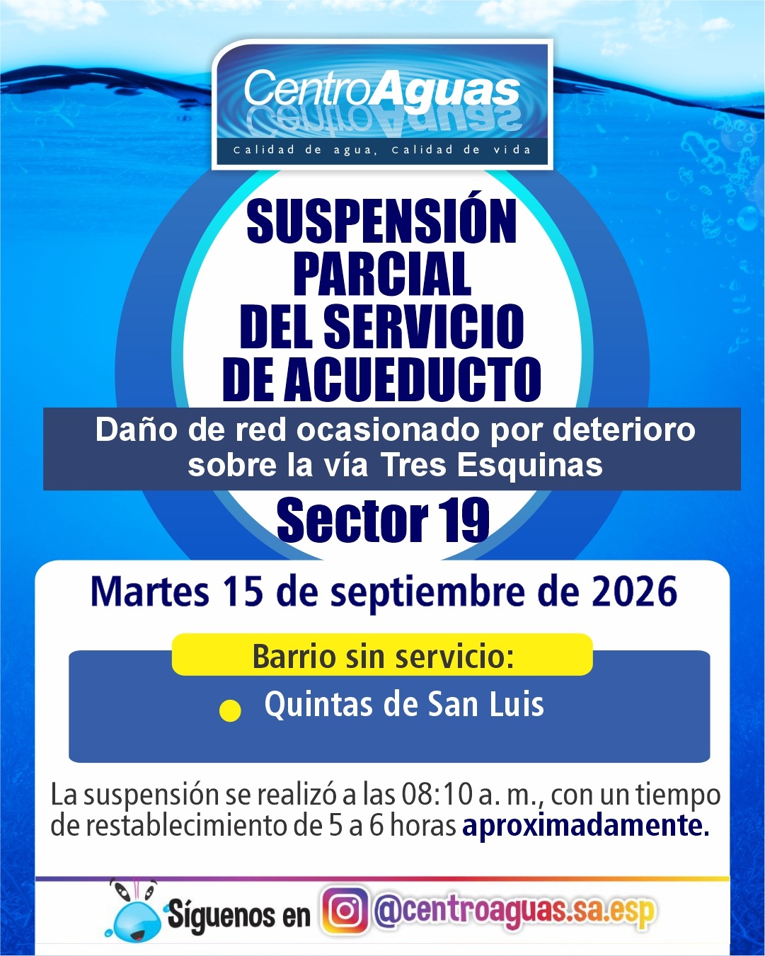 Suspensión parcial del servicio de acueducto del sector 19