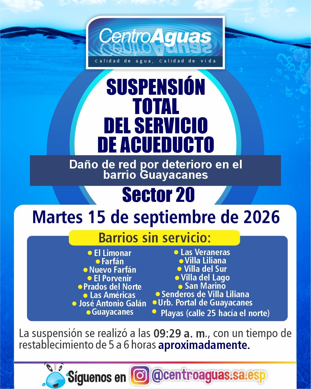 Suspensión total del servicio de acueducto del sector 20
