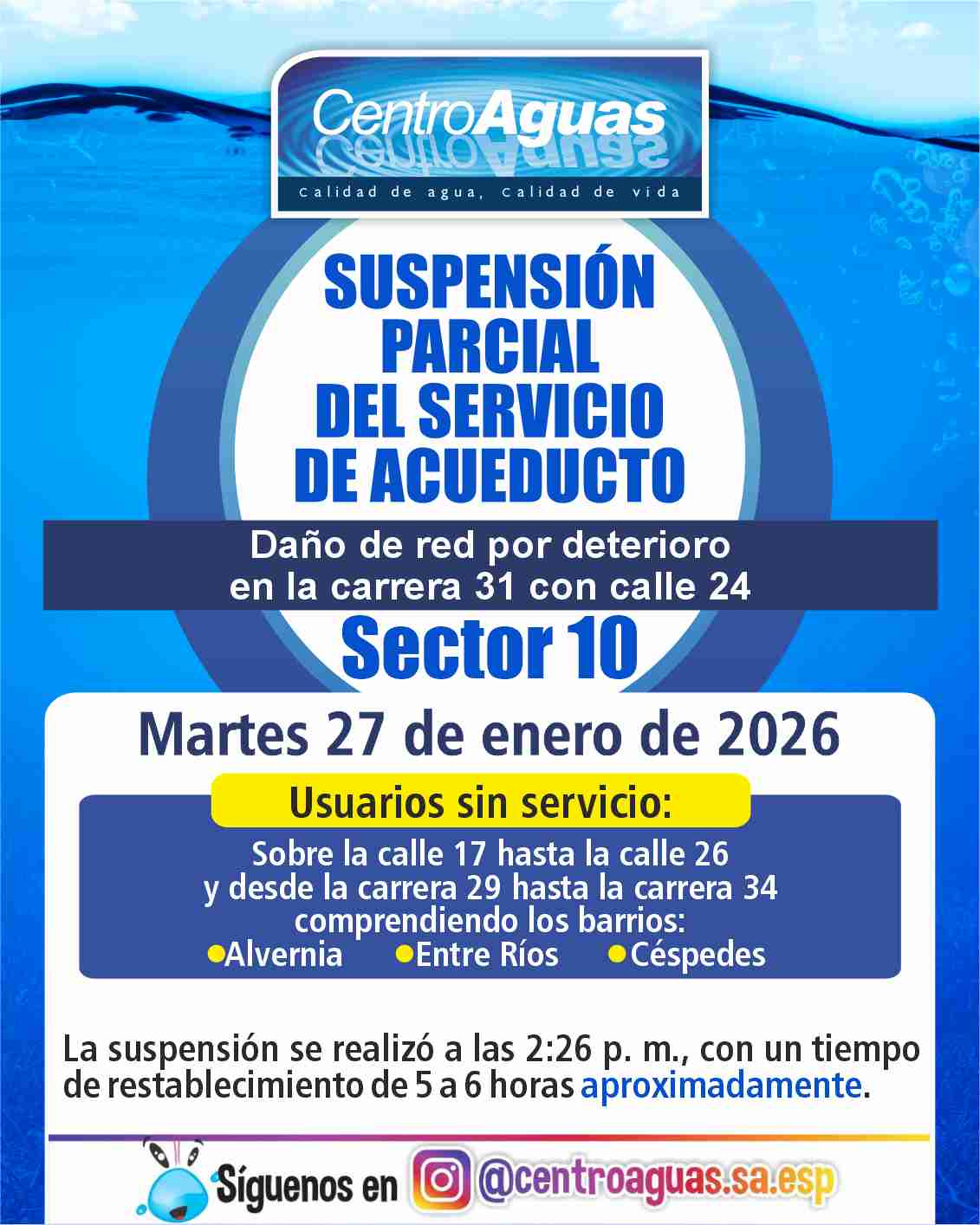 Suspensión parcial del servicio de acueducto del sector 10