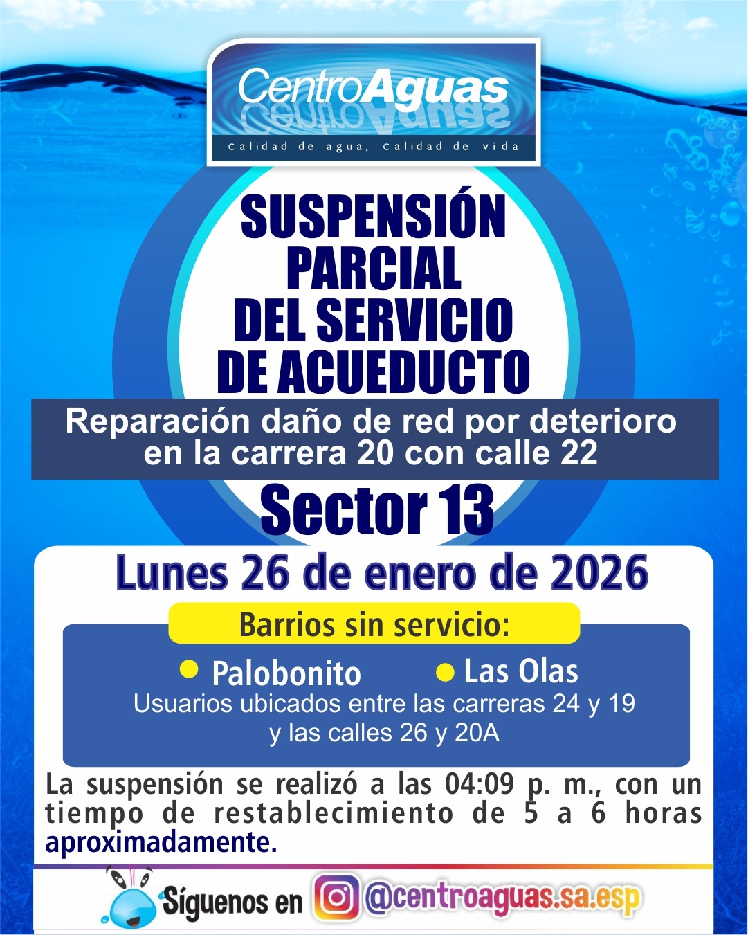 Suspensión parcial del servicio de acueducto del sector 13