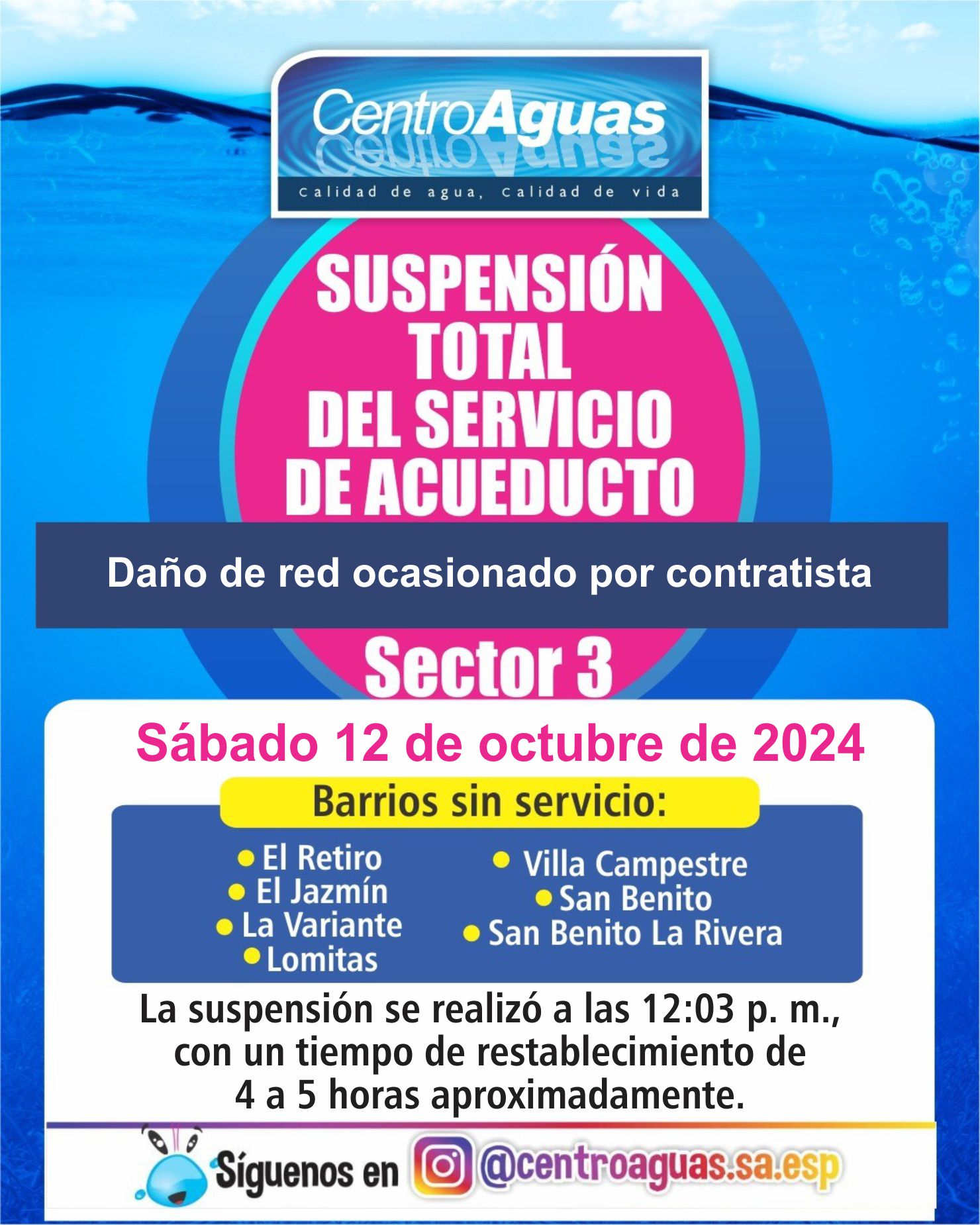 Suspensión total del servicio de acueducto del sector 3
