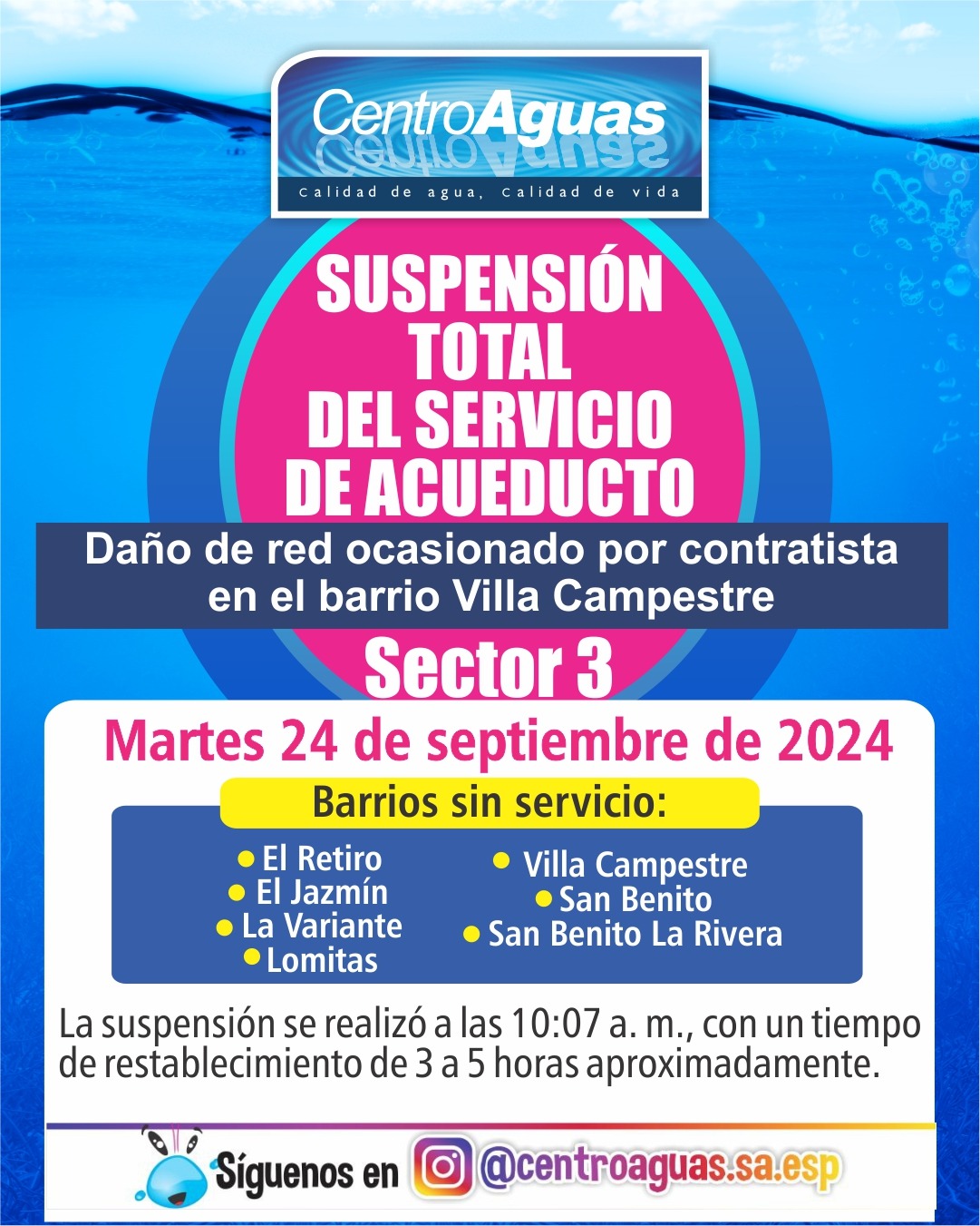 Suspensión total del servicio de acueducto del sector 3