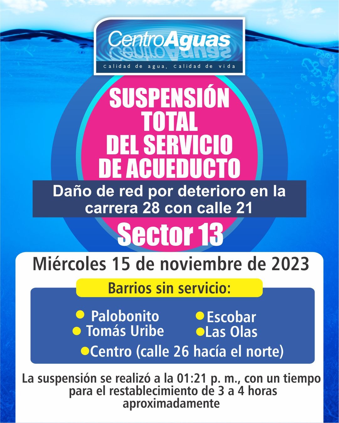Suspensión total del servicio de acueducto del sector 13