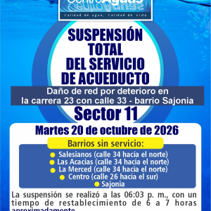 Suspensión del servicio en el sector 11 por daño de red 