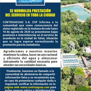 Boletín 023-26 Se normaliza prestación del servicio en toda la ciudad