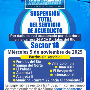 Suspensión total del servicio de acueducto del sector 18