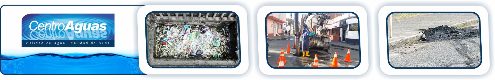 Diseño con tres imágenes sobre sumideros colapsados de basura y operarios realizando limpieza