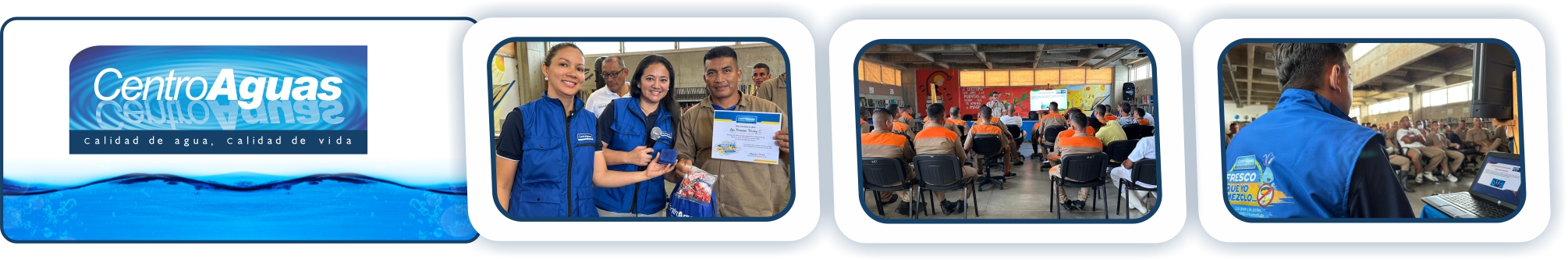 Diseño con tres imágenes donde se ve personal de la empresa haciendo entrega de constancias de capacitación y kits de aseo 
