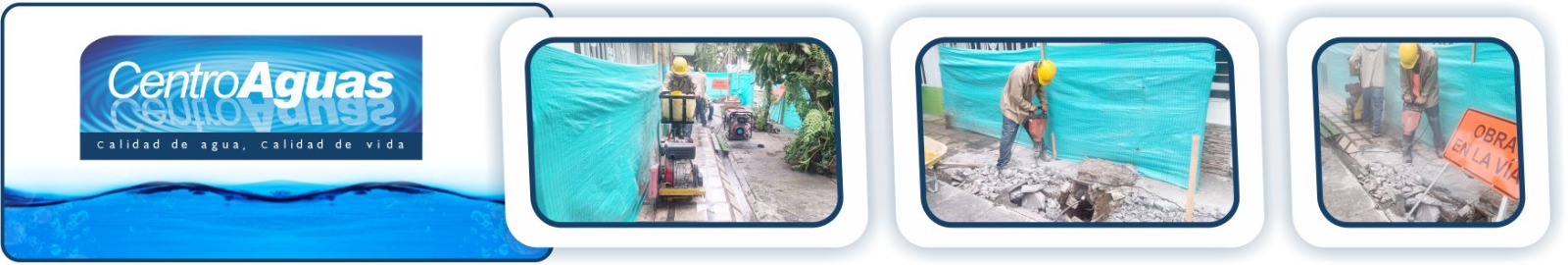 Diseño con tres fotografías de la obra del barrio La Esperanza, se ve al personal realizando labores 