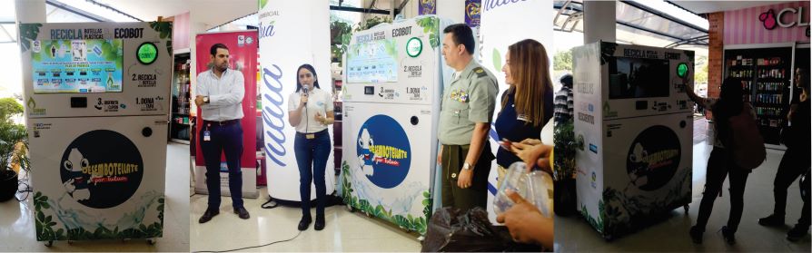 imagen representativa del personal de Veolia, Escuela de Policía Simón Bolívar y Centroaguas en el balance de recolección de botellas a través del Ecobot llas