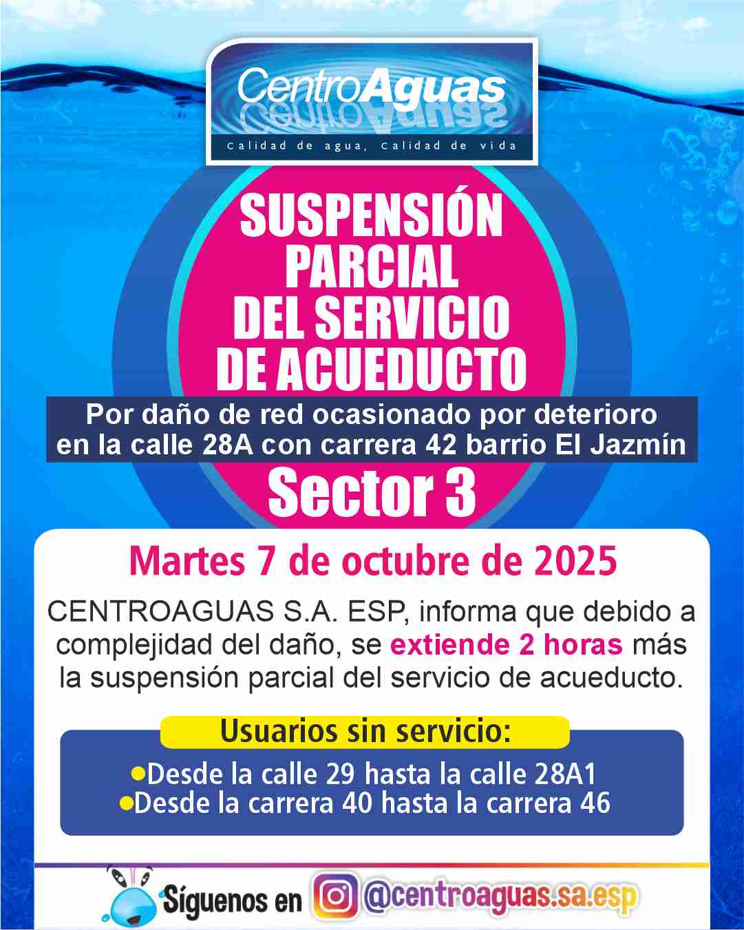 Se extiende el tiempo de suspensión parcial del servicio de acueducto del sector 3
