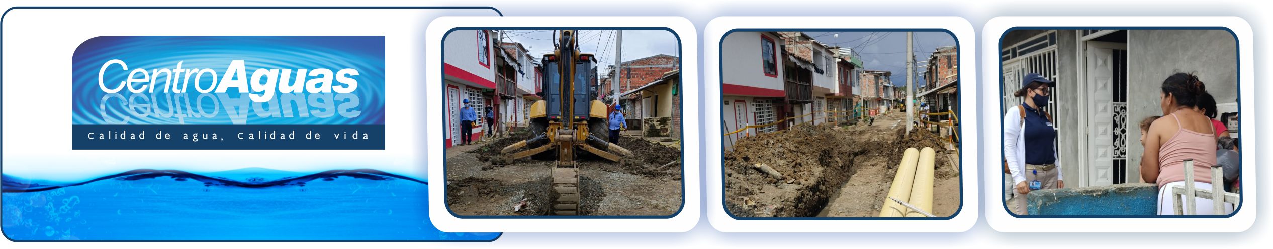 Diseño de tres fotografías del personal en la obra realizando trabajos de excavación y socialización de obra 