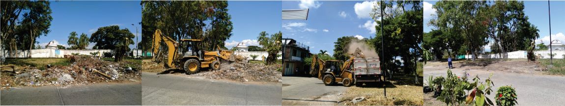 Diseño de cuatro fotografías donde se ve personal de CENTROAGUAS en maquinaría realizando limpieza de la zona verde 