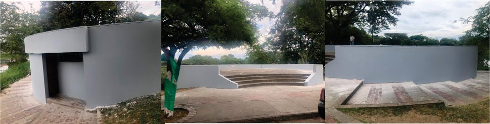 Diseño de tres fotografías donde se ven las estructuras del lago chilicote pintadas 