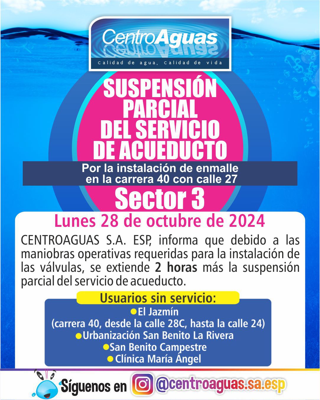 Extensión del tiempo de suspensión parcial del servicio de acueducto del sector 3