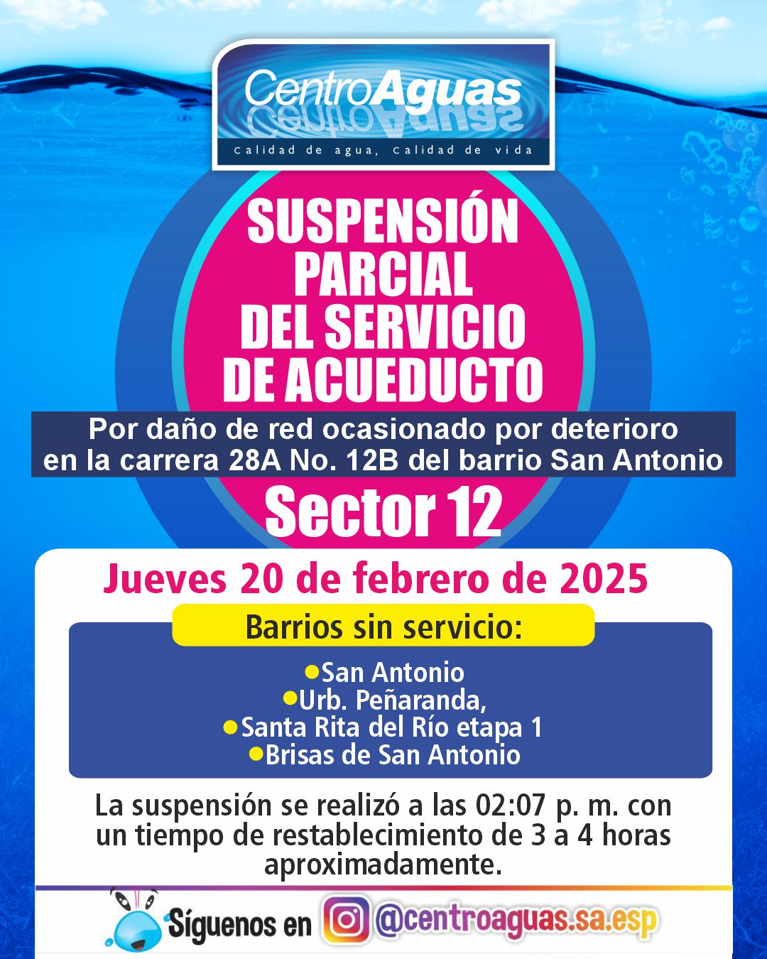 Suspensión parcial del servicio de acueducto del sector 12