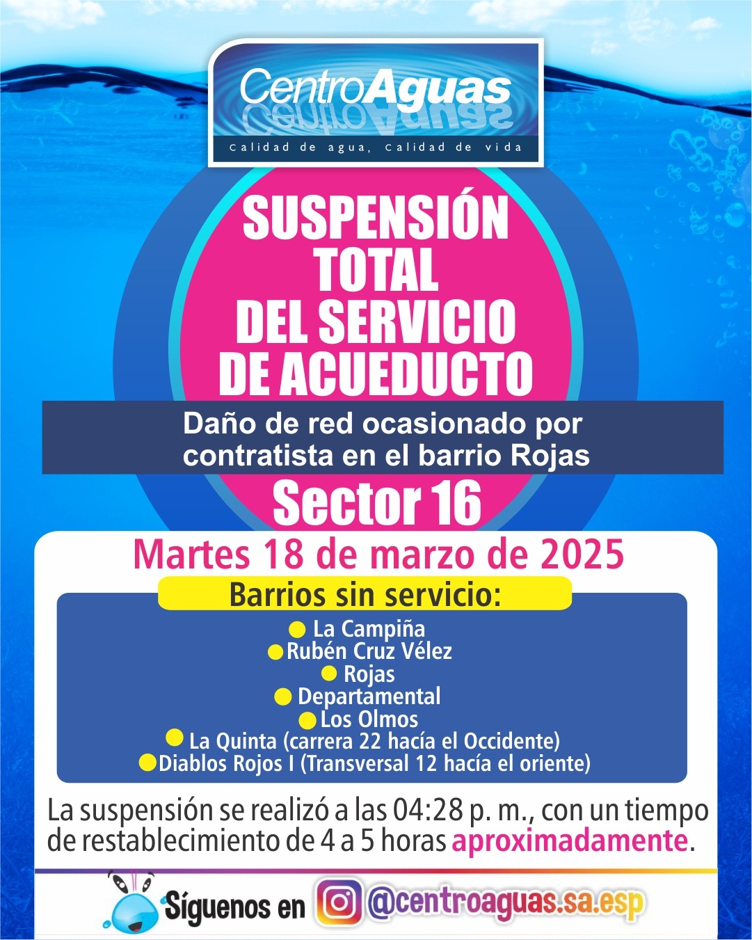 Suspensión total del servicio de acueducto del sector 16