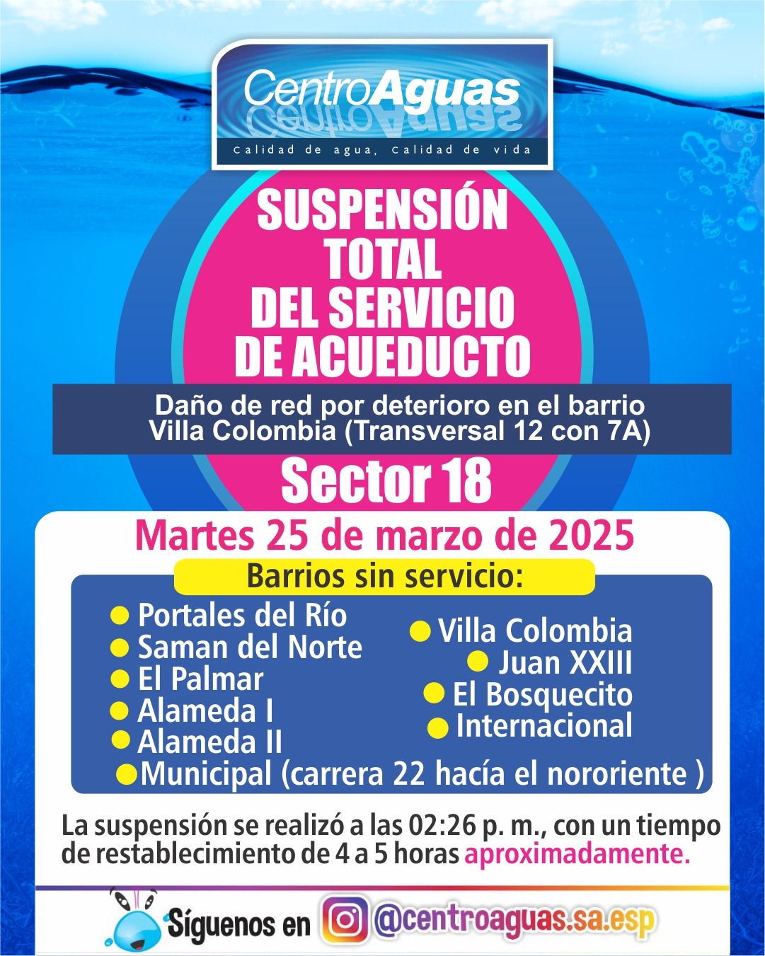 Suspensión total del servicio de acueducto del sector 18