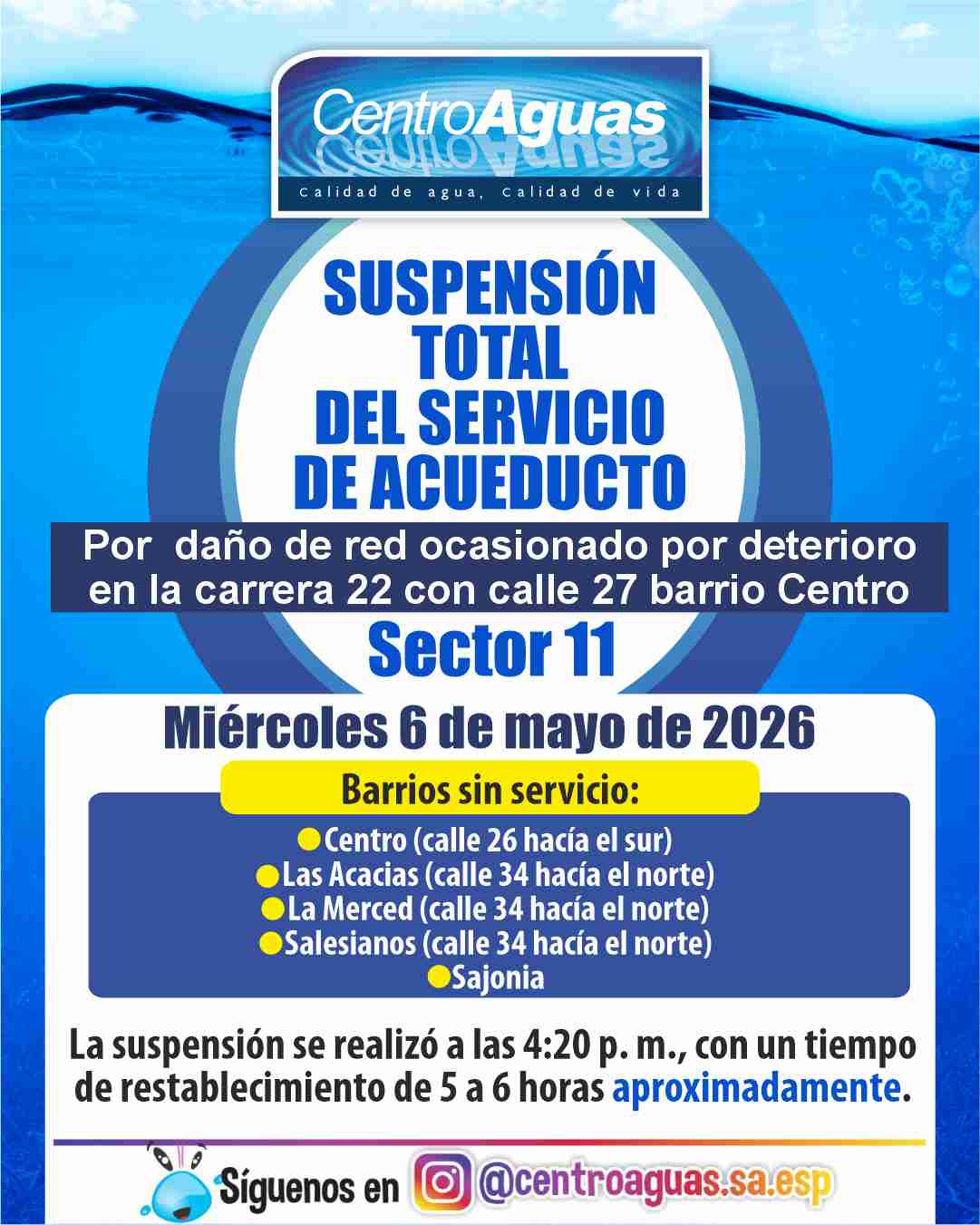 Suspensión total del servicio de acueducto del sector 11