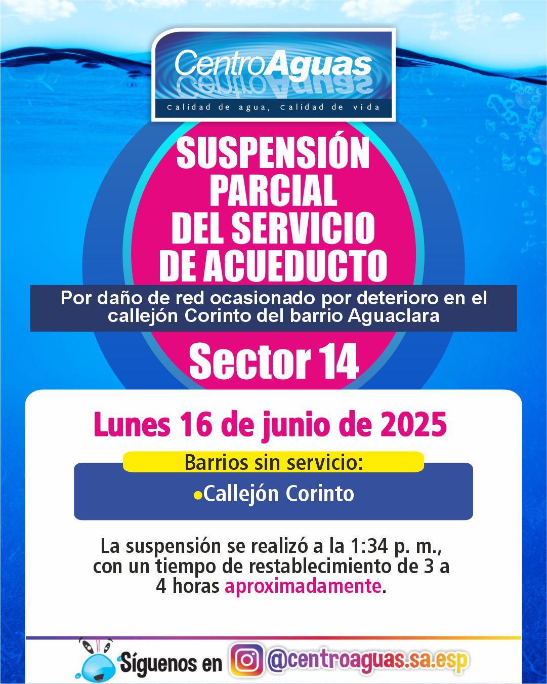 Suspensión parcial del servicio de acueducto del sector 14