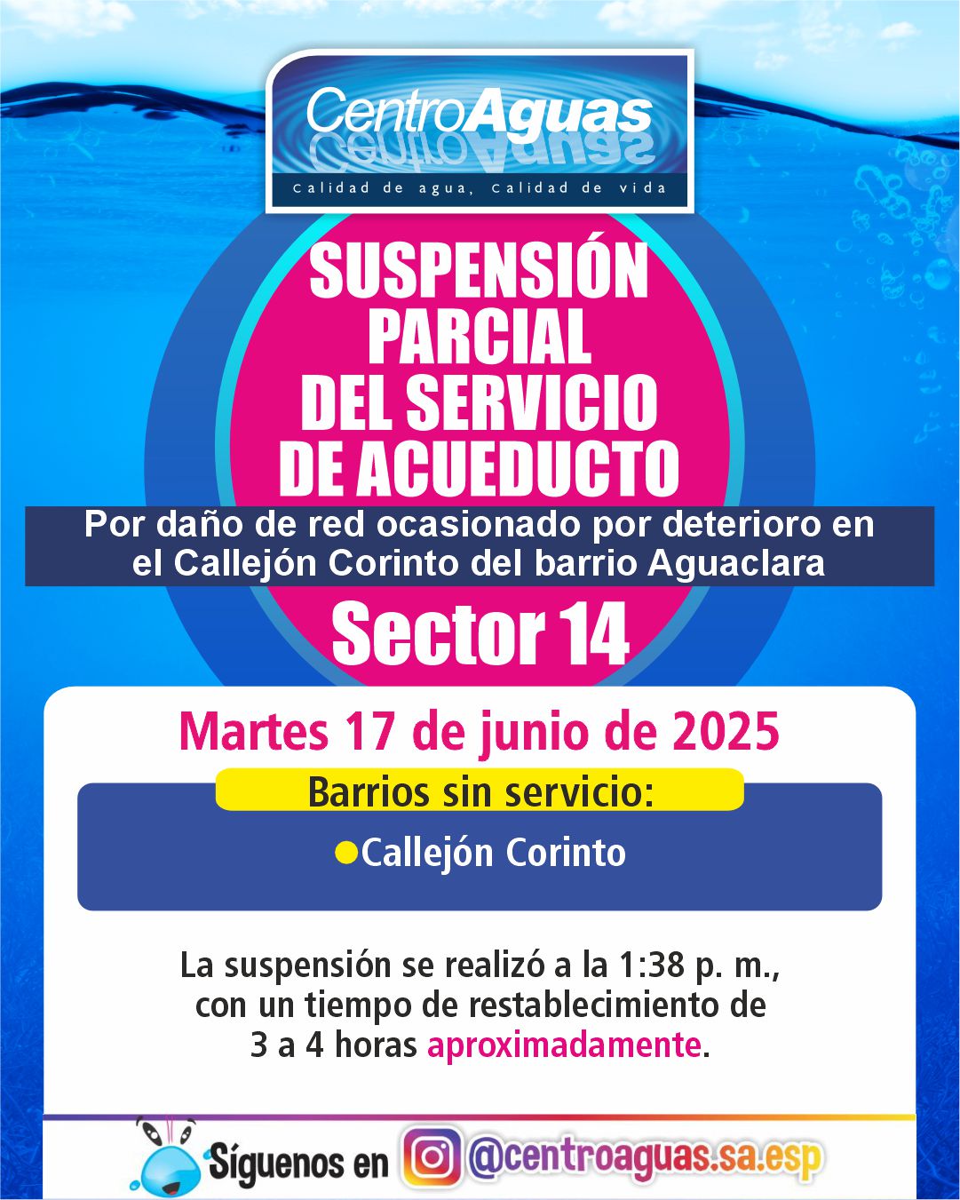 Suspensión parcial del servicio de acueducto del sector 14