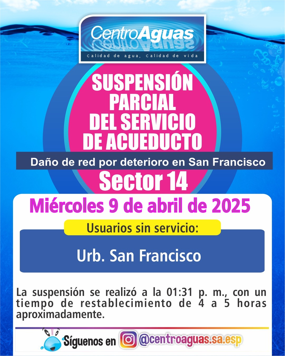 Suspensión parcial del servicio de acueducto del sector 14