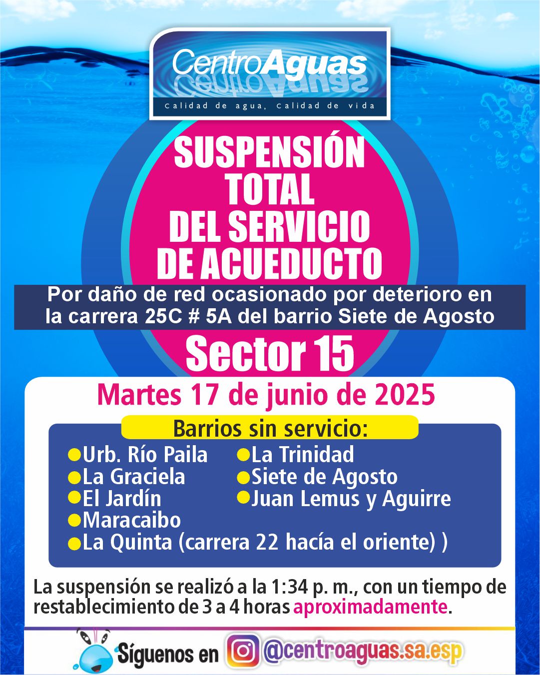 Suspensión total del servicio de acueducto del sector 15