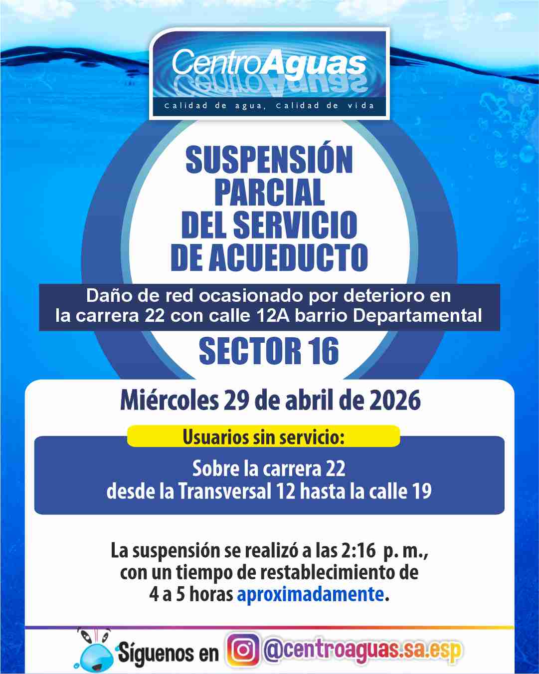 Suspensión parcial del servicio de acueducto del sector 16