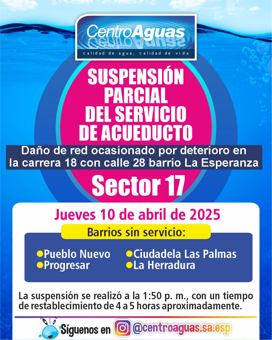 Suspensión parcial del servicio de acueducto del sector 17