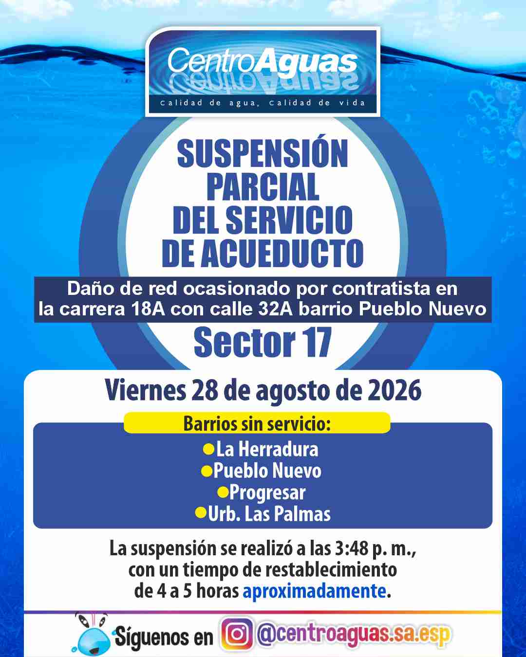 Suspensión parcial del servicio de acueducto del sector 17 
