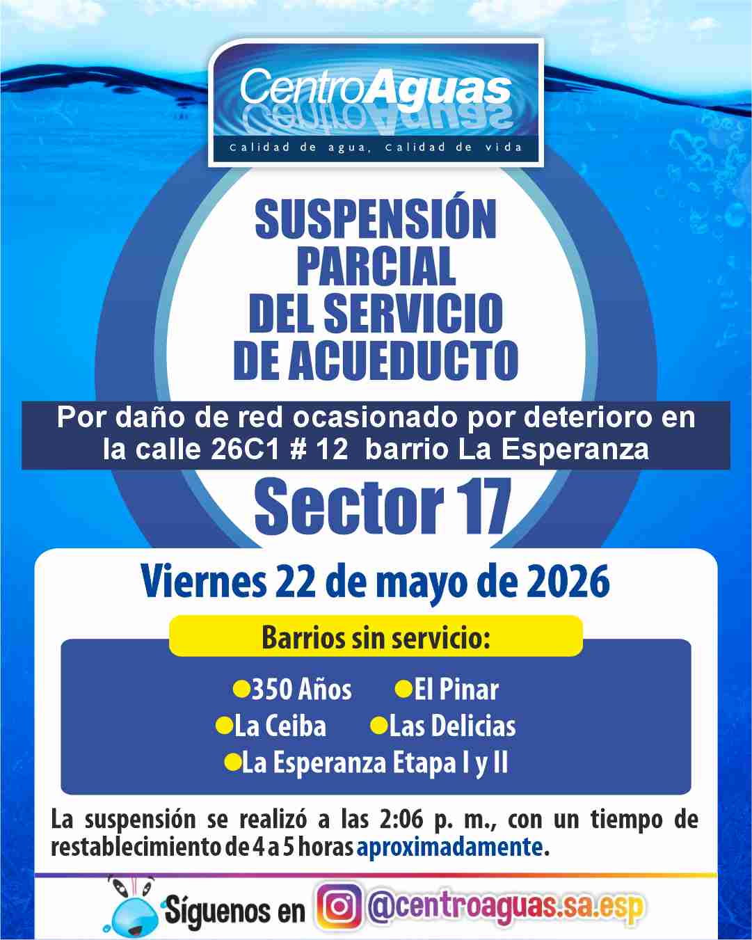 Suspensión parcial del servicio de acueducto del sector 17
