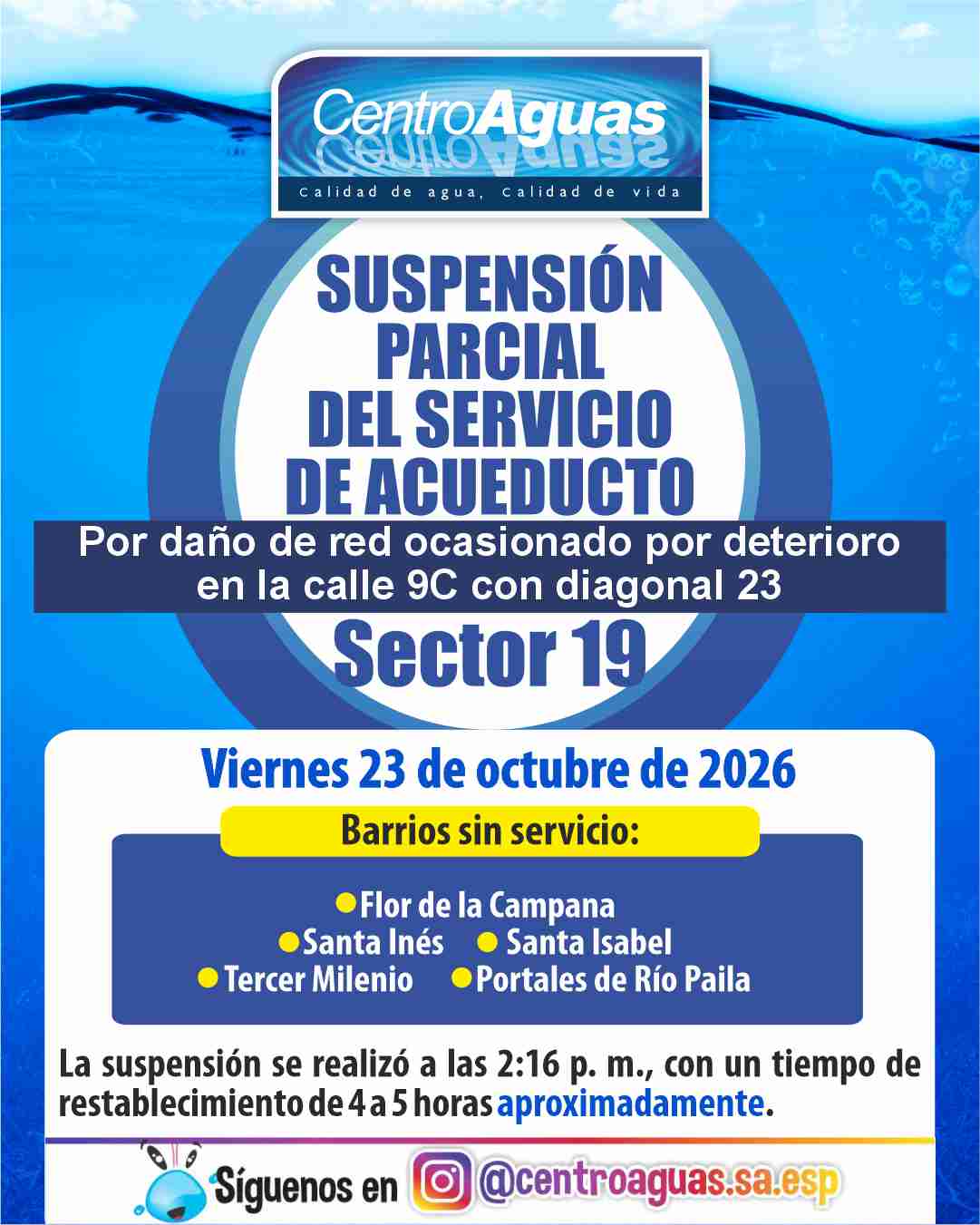 Suspensión parcial del servicio de acueducto del sector 19