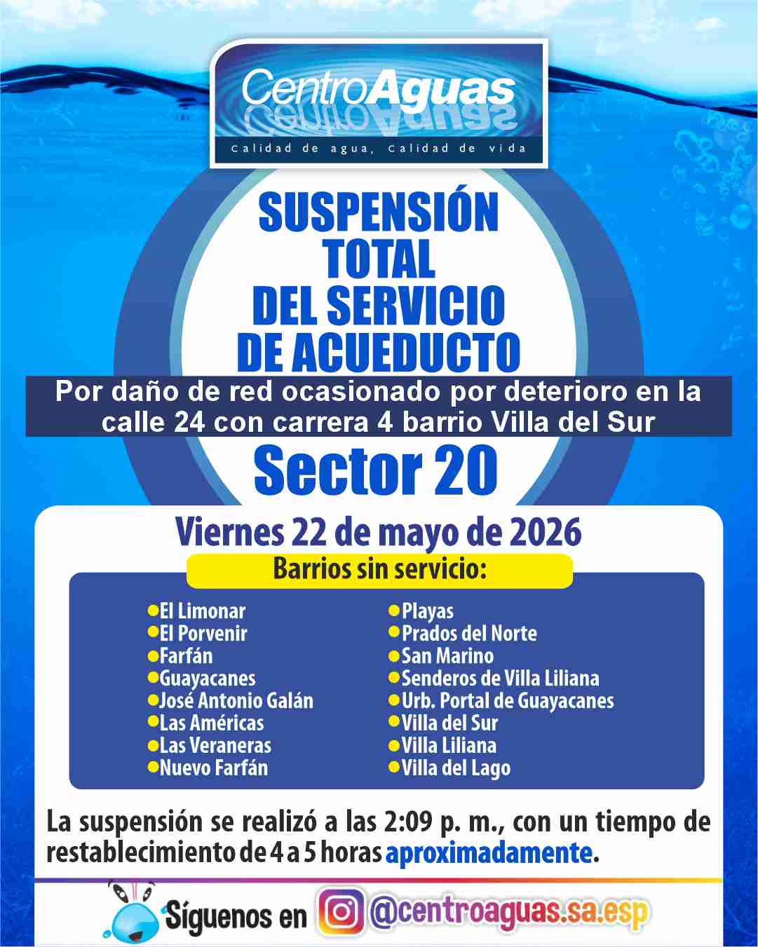 Suspensión total del servicio de acueducto del sector 20