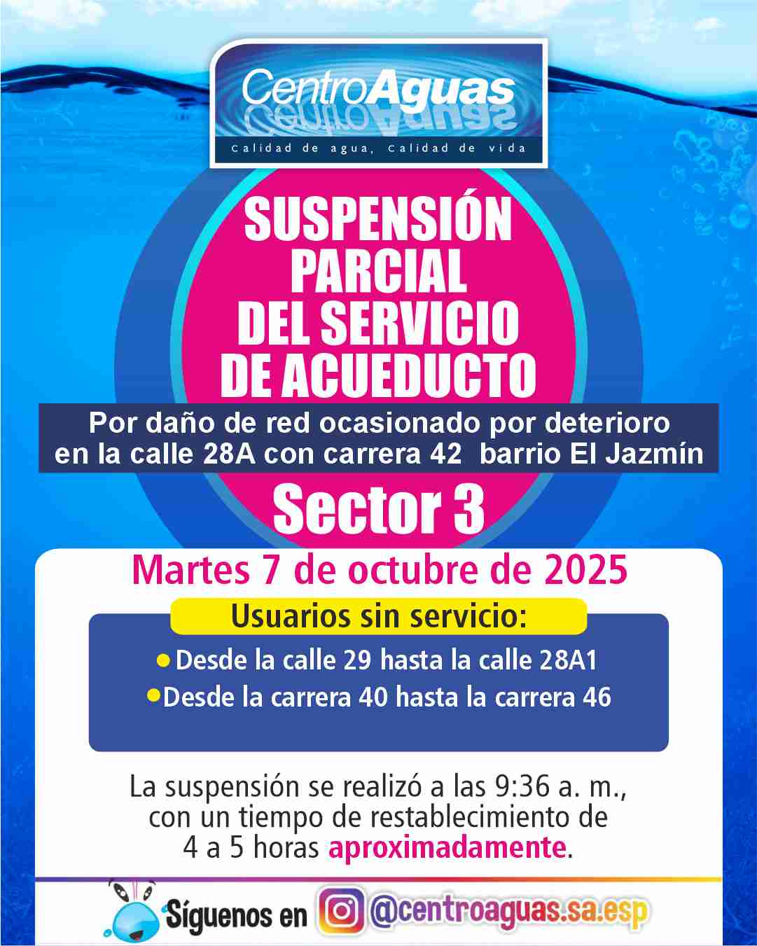 Suspensión parcial del servicio de acueducto del sector 3 