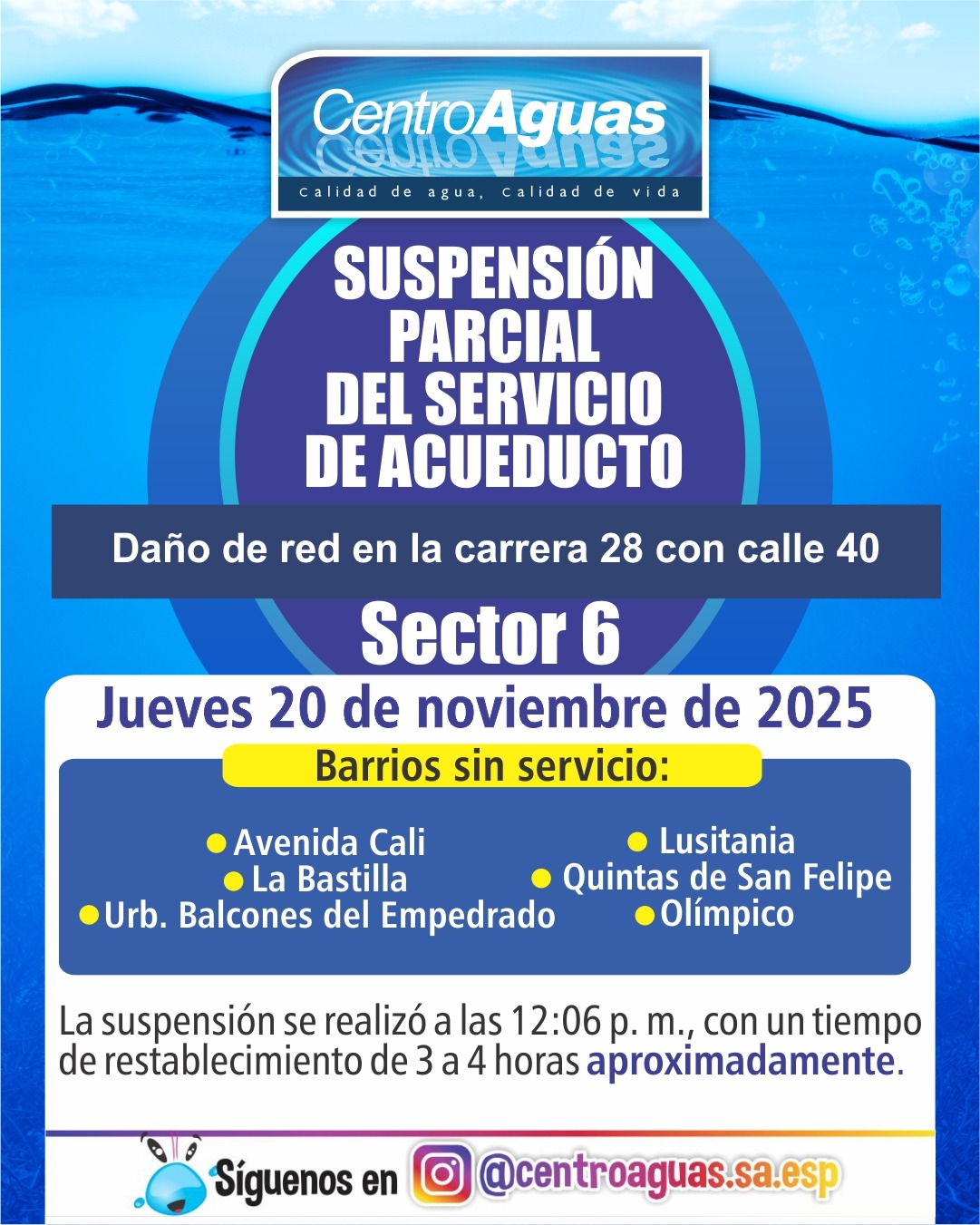 Suspensión parcial del servicio de acueducto del sector 6