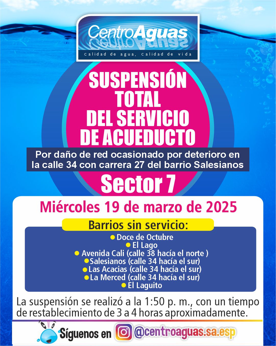 Suspensión total del servicio de acueducto del sector 7