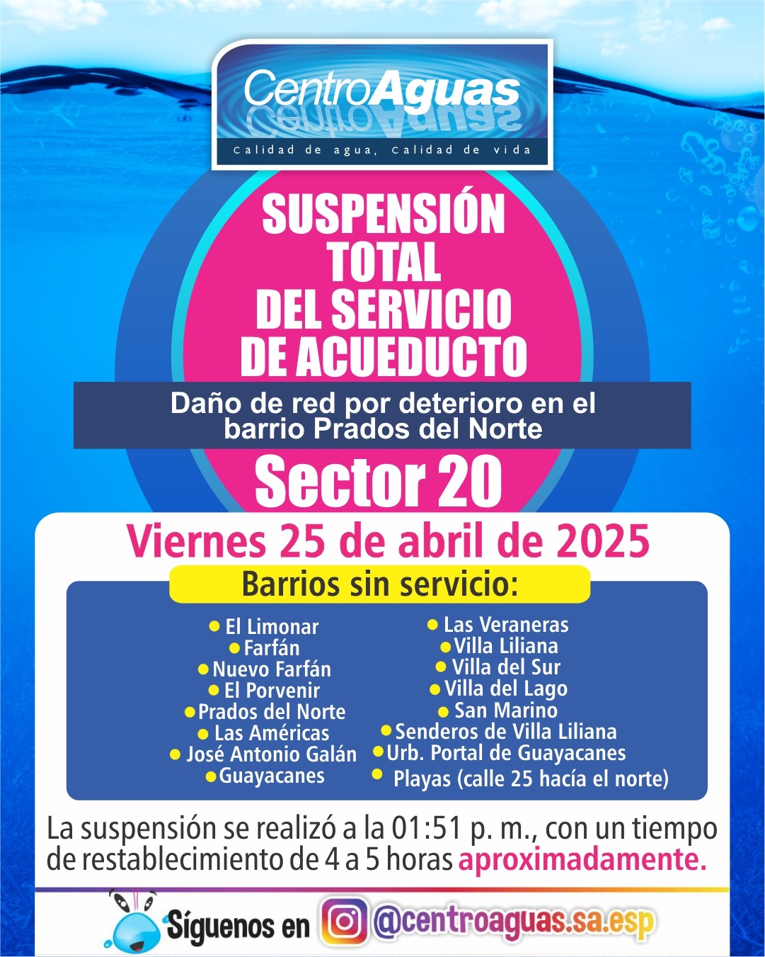 Suspensión total del servicio de acueducto del sector 20
