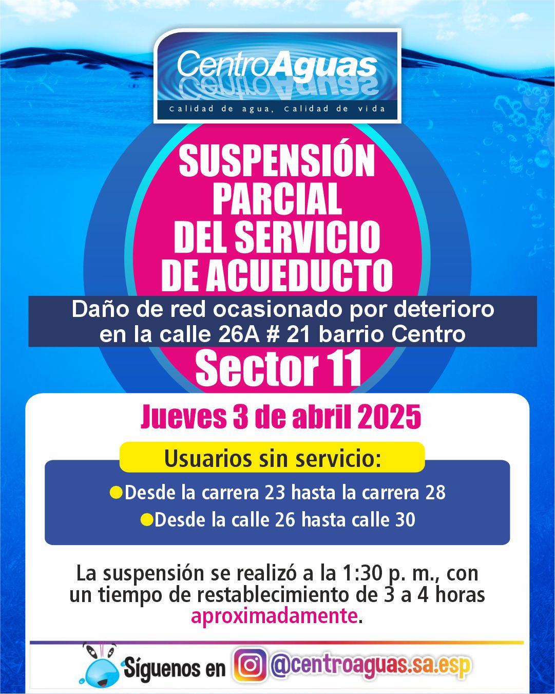 Suspensión parcial del servicio de acueducto del sector 11