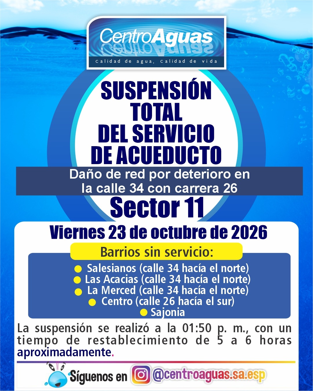 Suspensión total del servicio de acueducto del sector 11