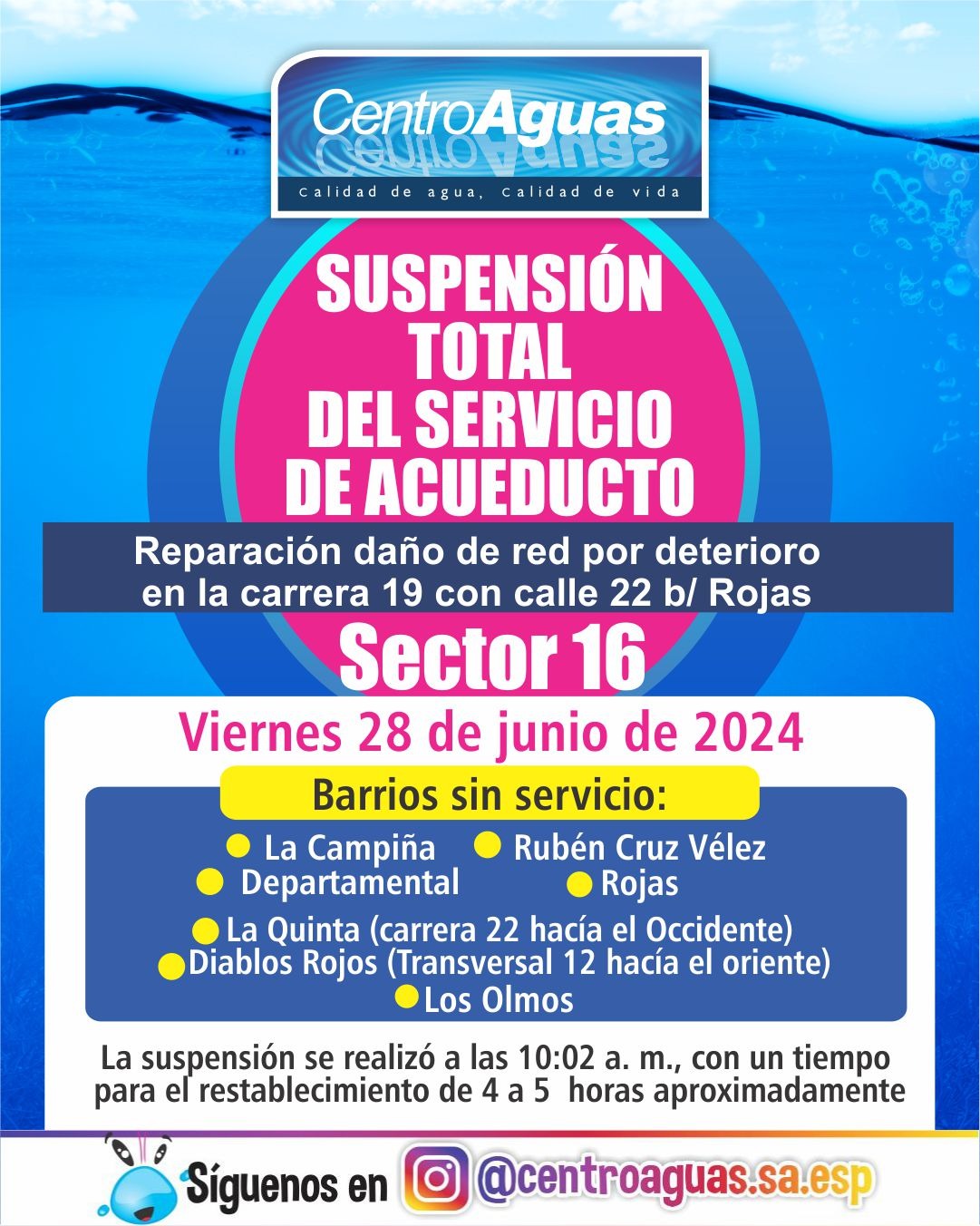 Suspensión total del servicio de acueducto del sector 16
