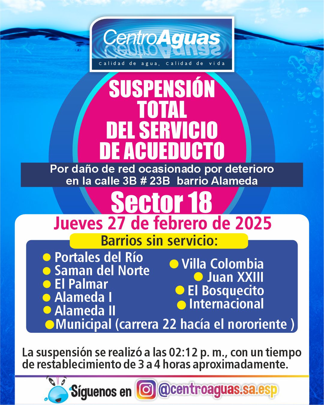 Suspensión total del servicio de acueducto del sector 18