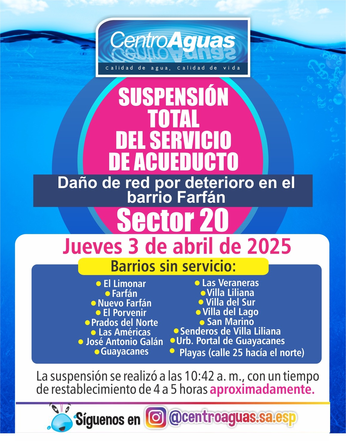 Suspensión total del servicio de acueducto del sector 20