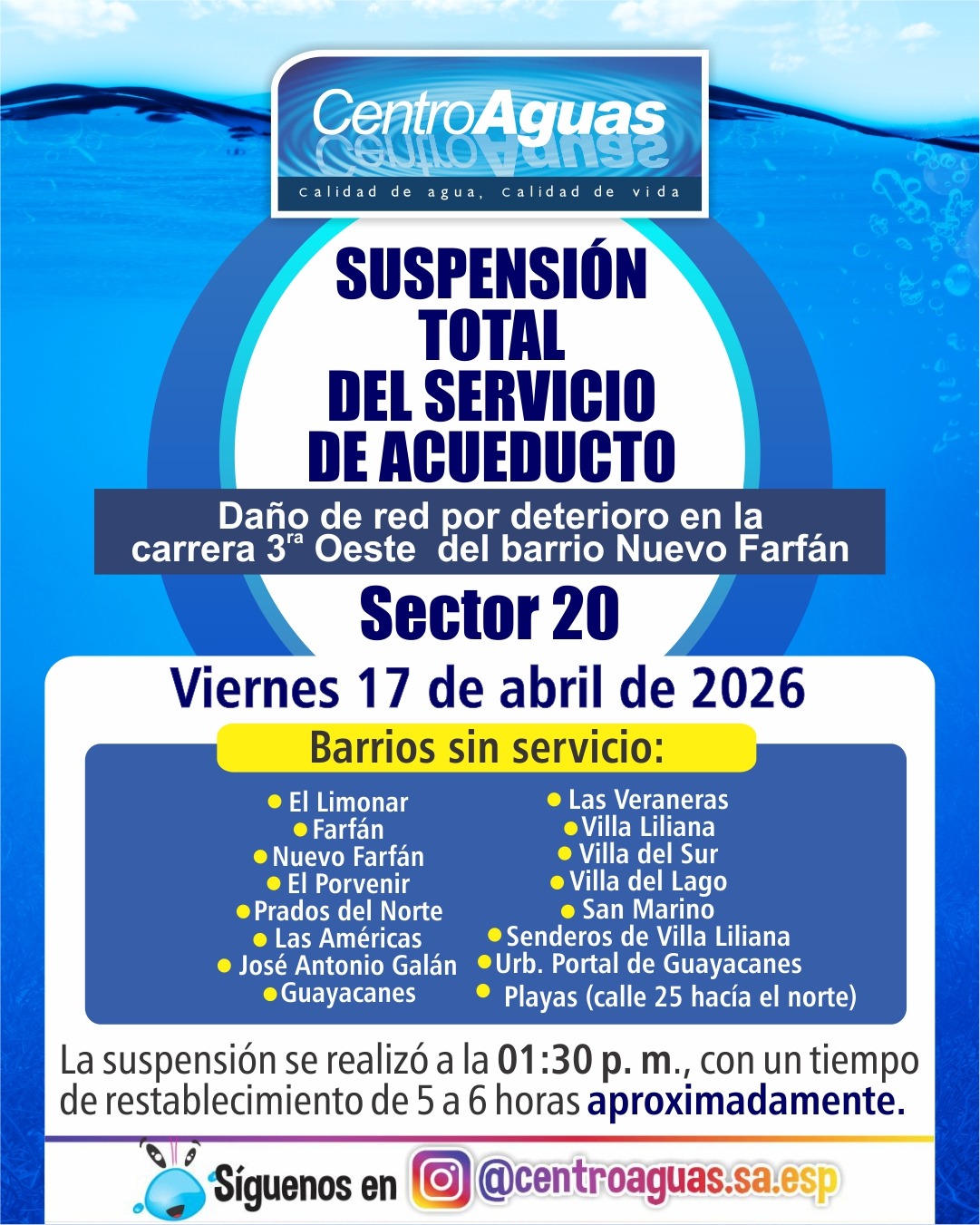 Suspensión total del servicio de acueducto del sector 20