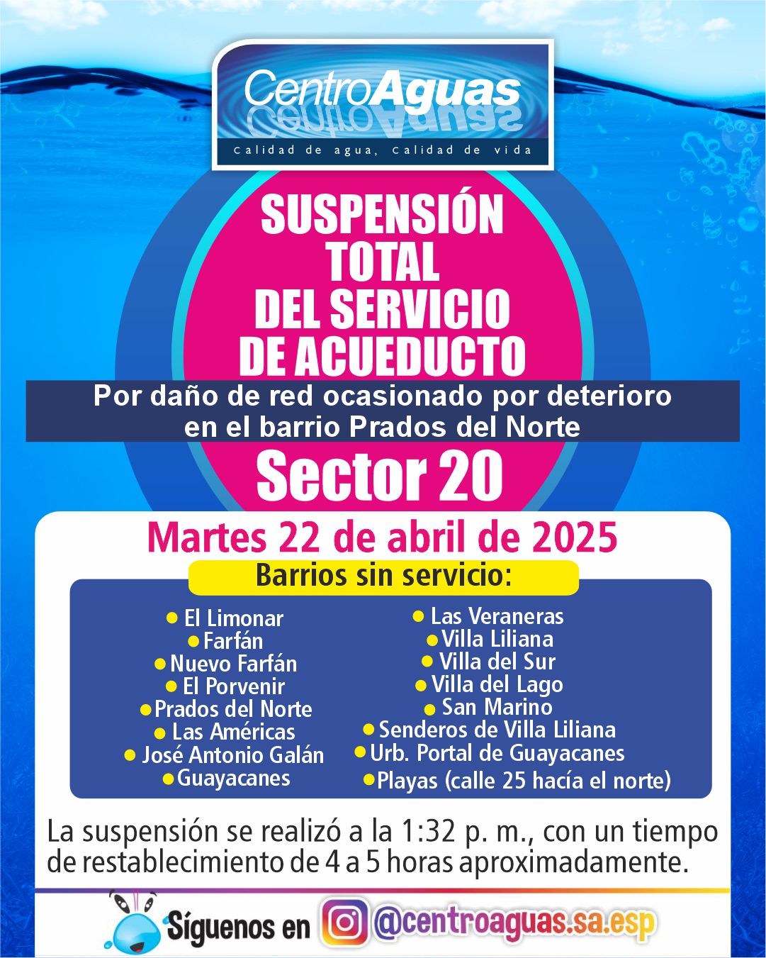 Suspensión total del servicio de acueducto del sector 20 