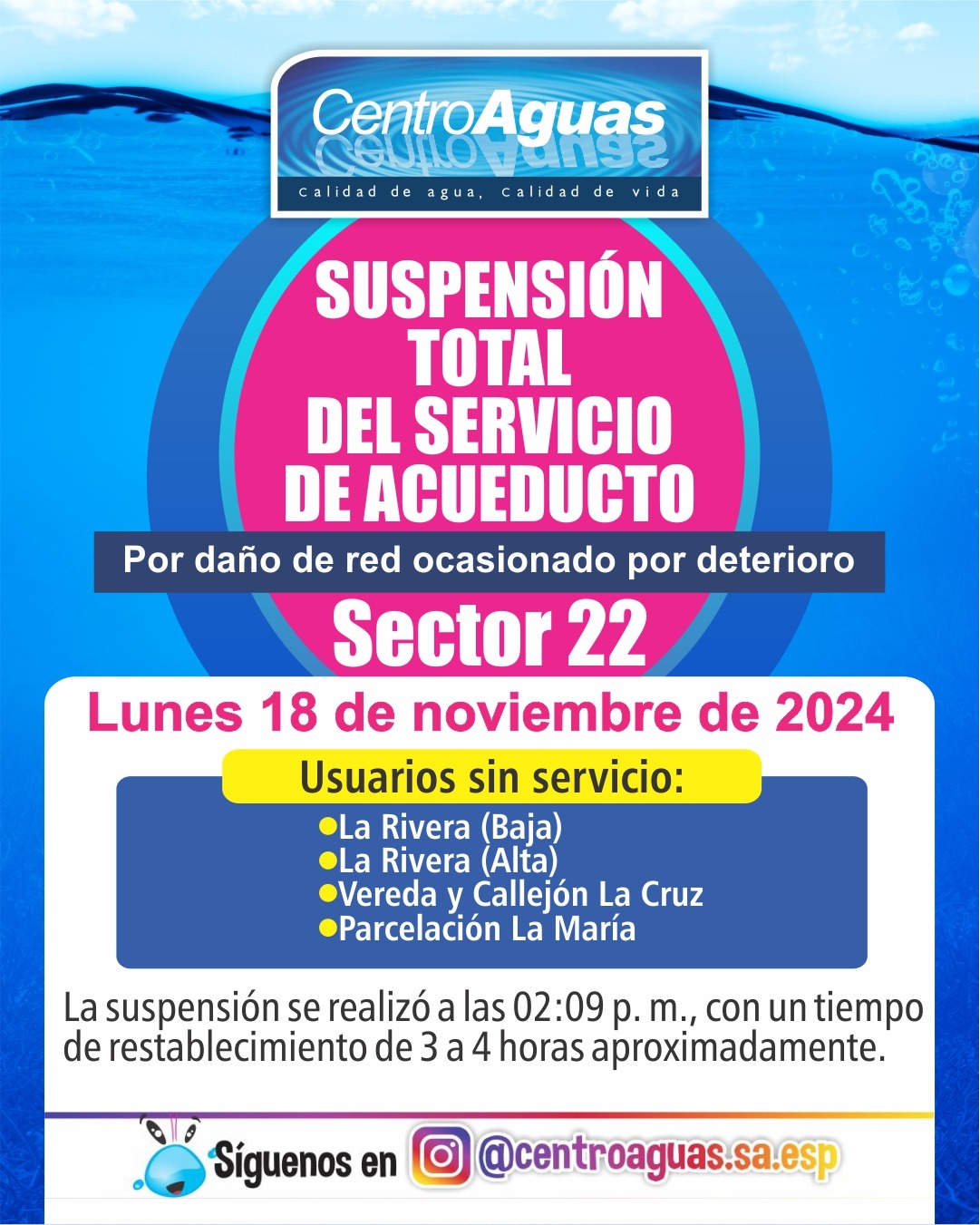 Suspensión total del servicio de acueducto en el sector 22