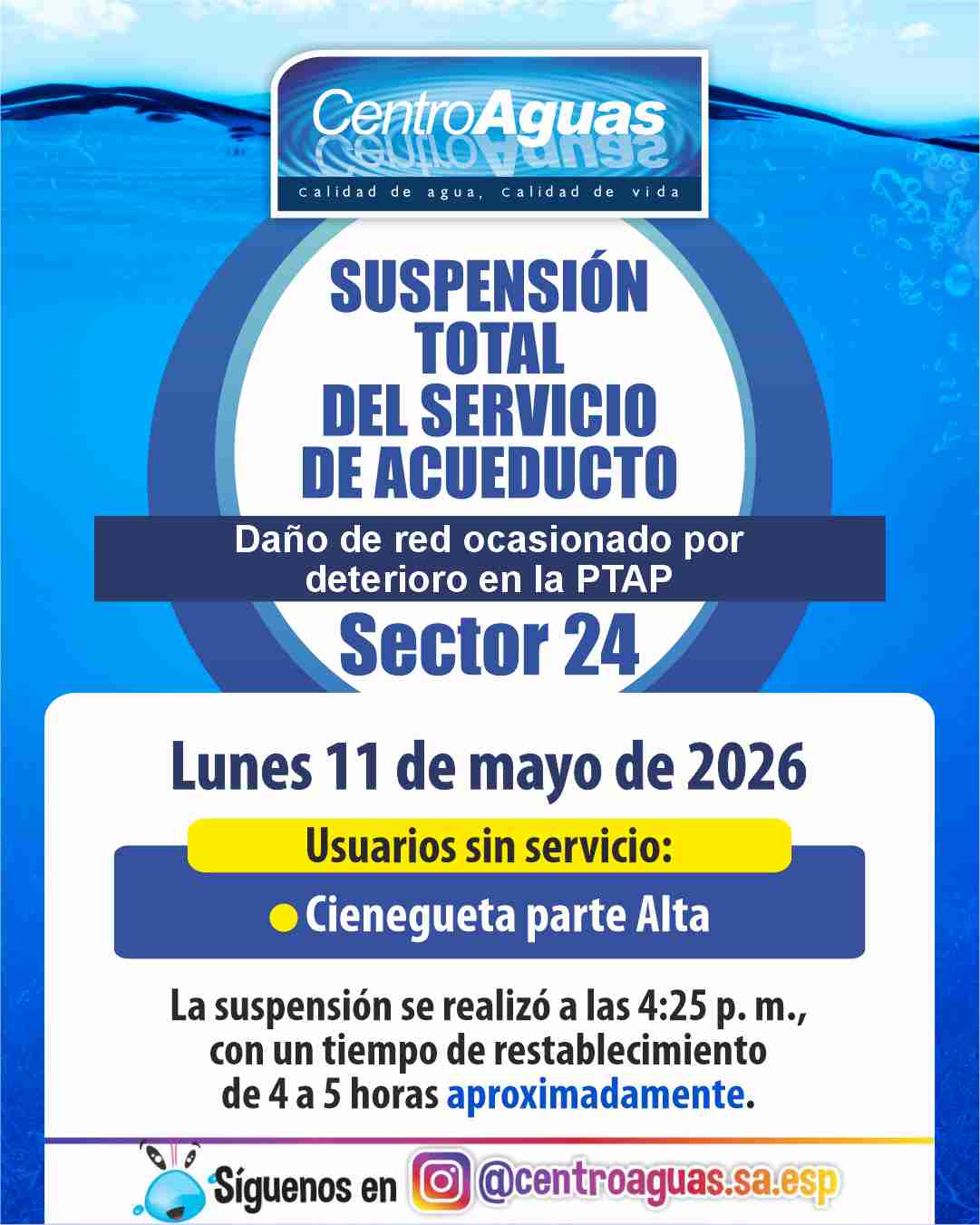 Suspensión total del servicio de acueducto del sector 24